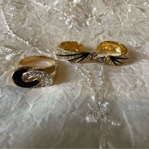 Gold-toned, black enamel & rhinestone ring (size 10) & earrings set.